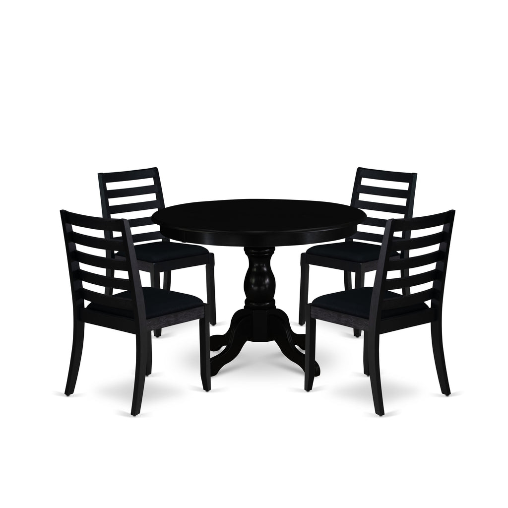 HBX15-5RN-GN Modern 5-Piece Dining Ensemble with Round Table & Stackable Linen Chairs, Wire Brushed Black Finish