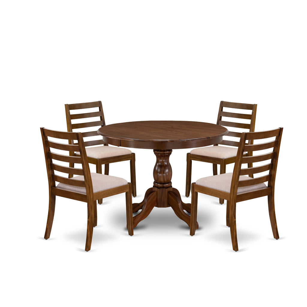 HBX15-J7G-OR 5-Piece Dining Set with Circular Table and 4 Stackable Light Tan Upholstered Chairs, Walnut Styled Finish