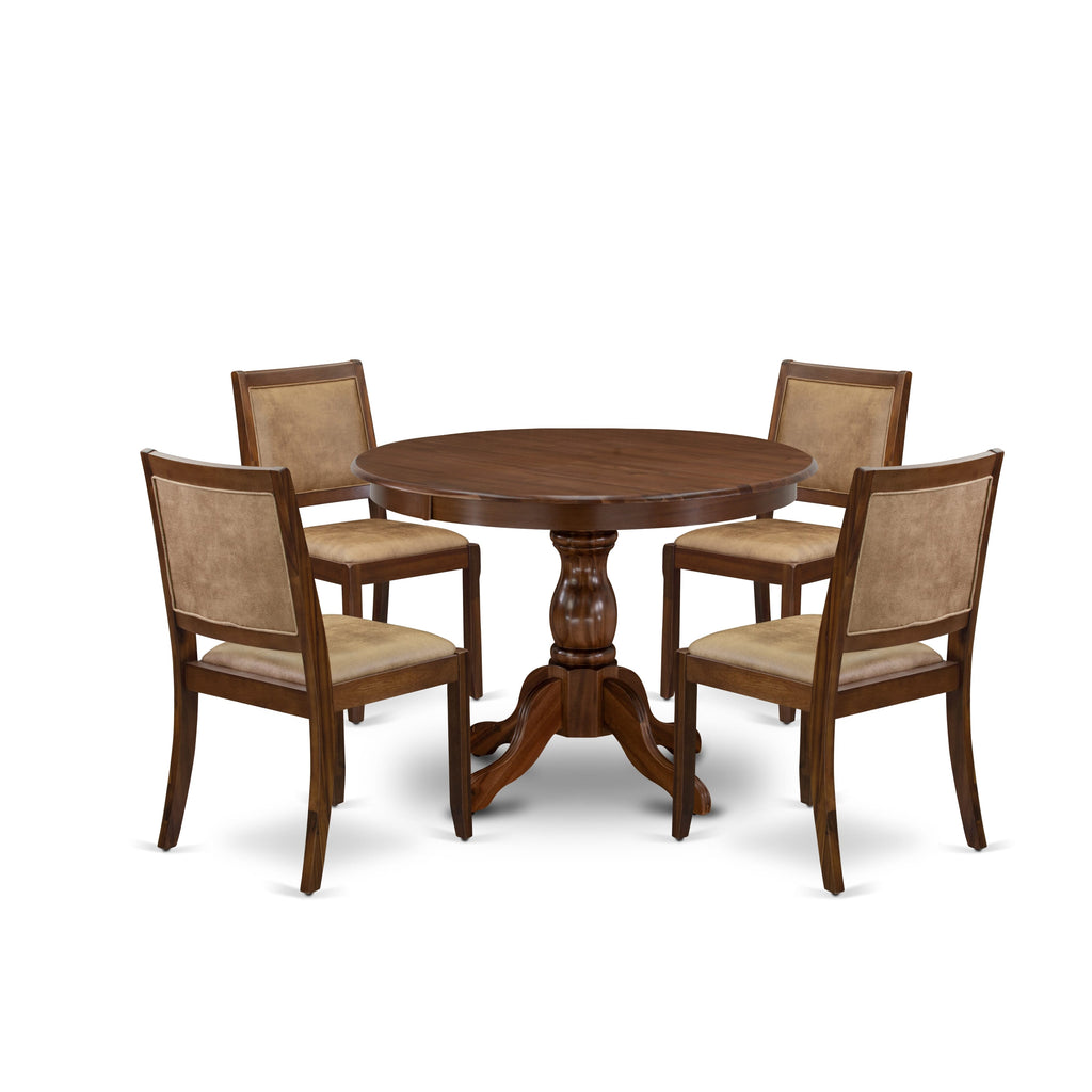 HBX25-KJT-EU 5-Piece Mid-Century Dining Ensemble with Round Table & 4 Stackable Chairs in Brown Faux Leather, Antique Finish