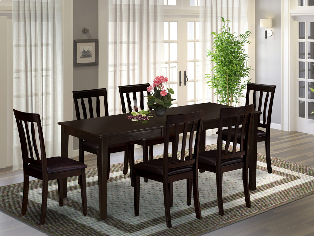 HEAN7-6O2-4E Deluxe 7-Piece Dining Set with Pedestal Table & Leather Chairs, 42x72 Cappuccino