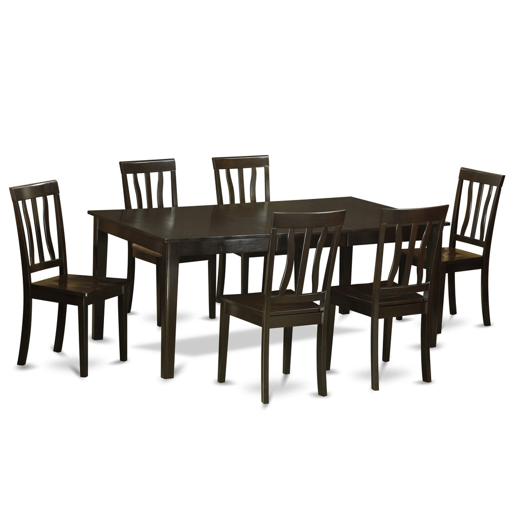 HEAN7-BNC-2 7-Piece Dining Set with Pedestal Table and Six Chairs - Rectangular 42x72 Inches, Rich Cappuccino Finish