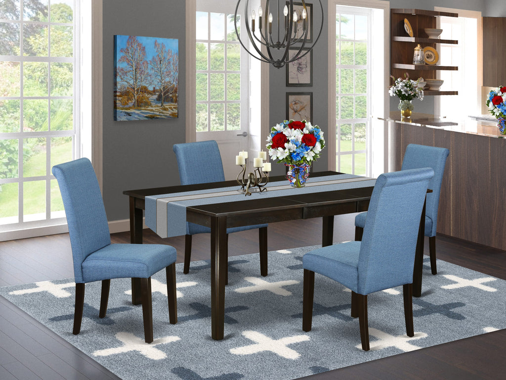 HEBA5-22F-IB 5 Piece Dining Room Ensemble with Pedestal Table, Linen Fabric Chairs, 42x72 in, Blue