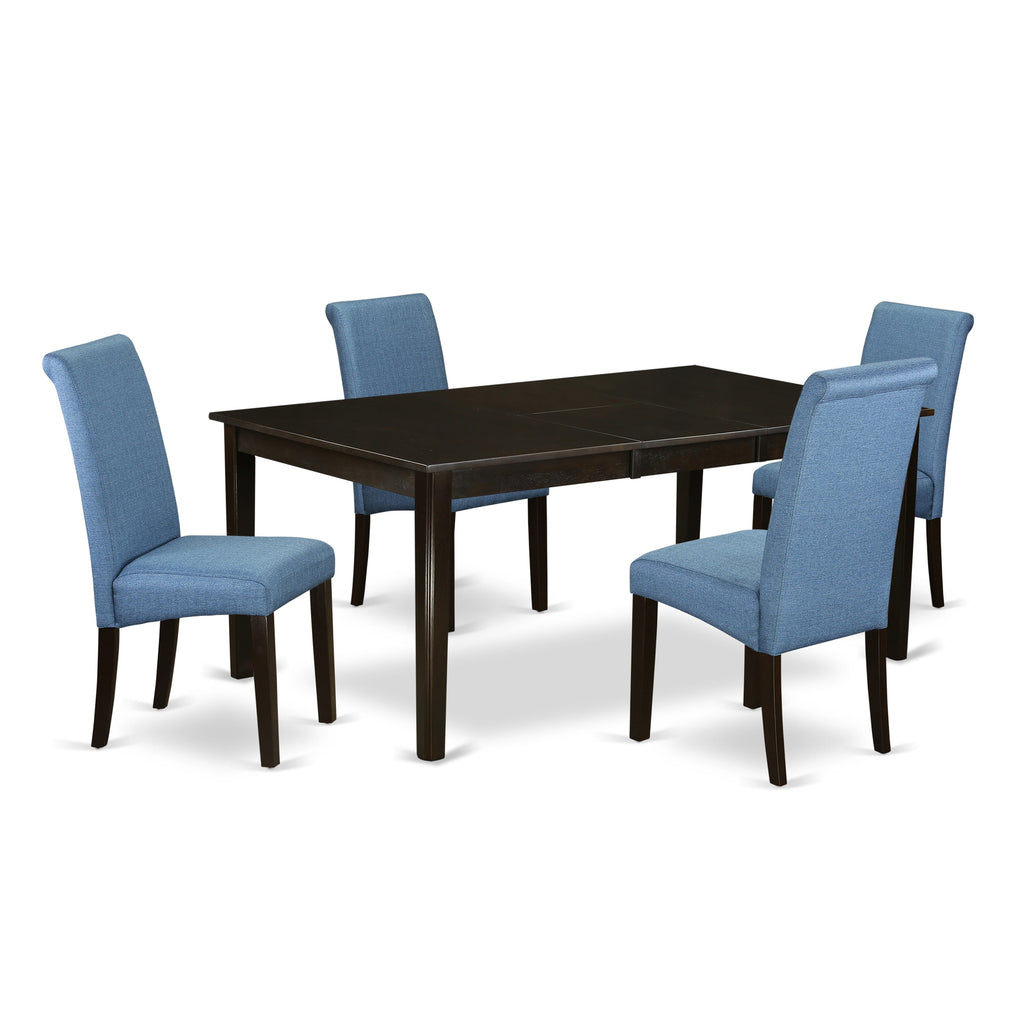 HEBA5-22F-IB 5 Piece Dining Room Ensemble with Pedestal Table, Linen Fabric Chairs, 42x72 in, Blue