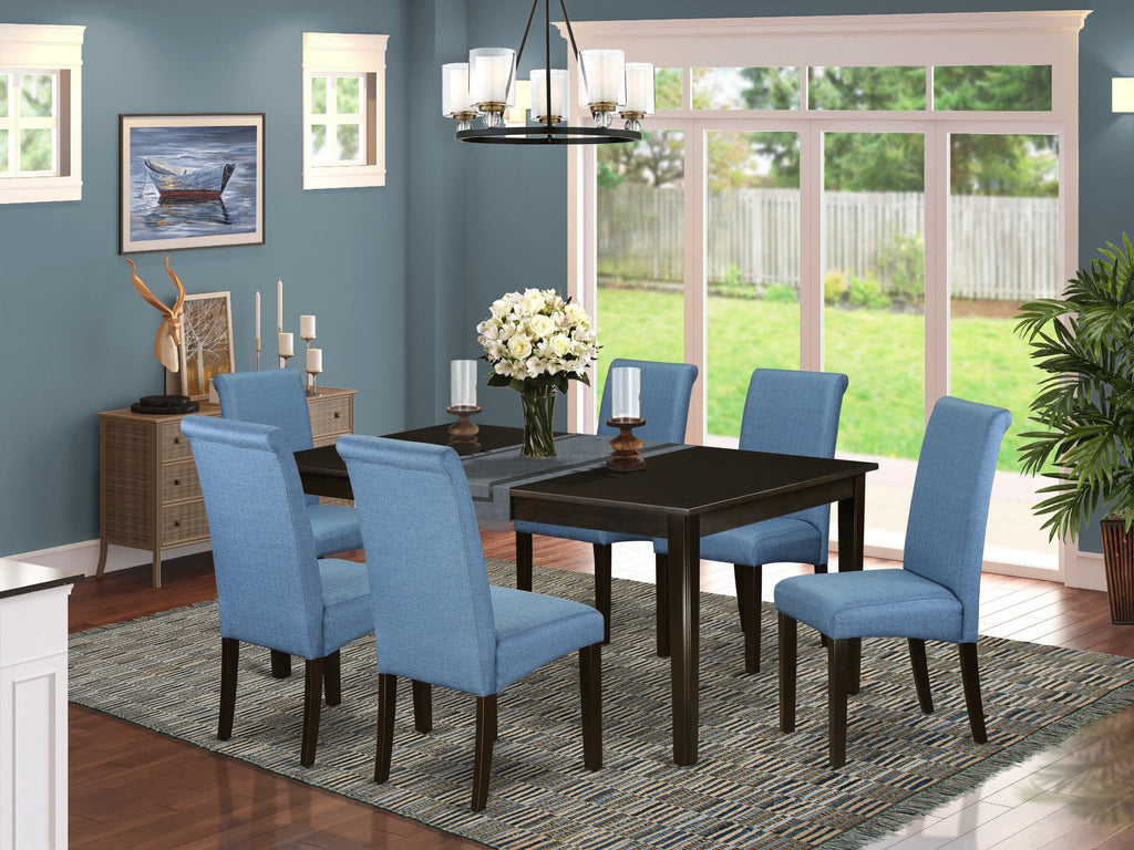 HEBA7-KAB-TE Elegant 7-Piece Dining Collection Featuring a Pedestal Rectangular Table and 6 Teal Upholstered Chairs