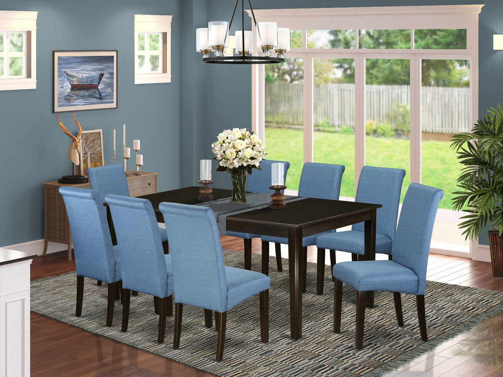 HEBA9-H1K-XC 9-Piece Dining Table Set with Pedestal and Blue Linen Chairs - 42x72 Cappuccino Delight