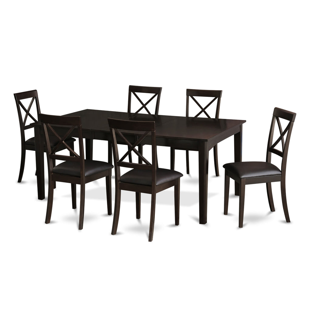 HEBO7-SMU-04 Elegant 7 Piece Dining Set with Pedestal Table & 6 Faux Leather Chairs, 42x72 in Rich Cappuccino