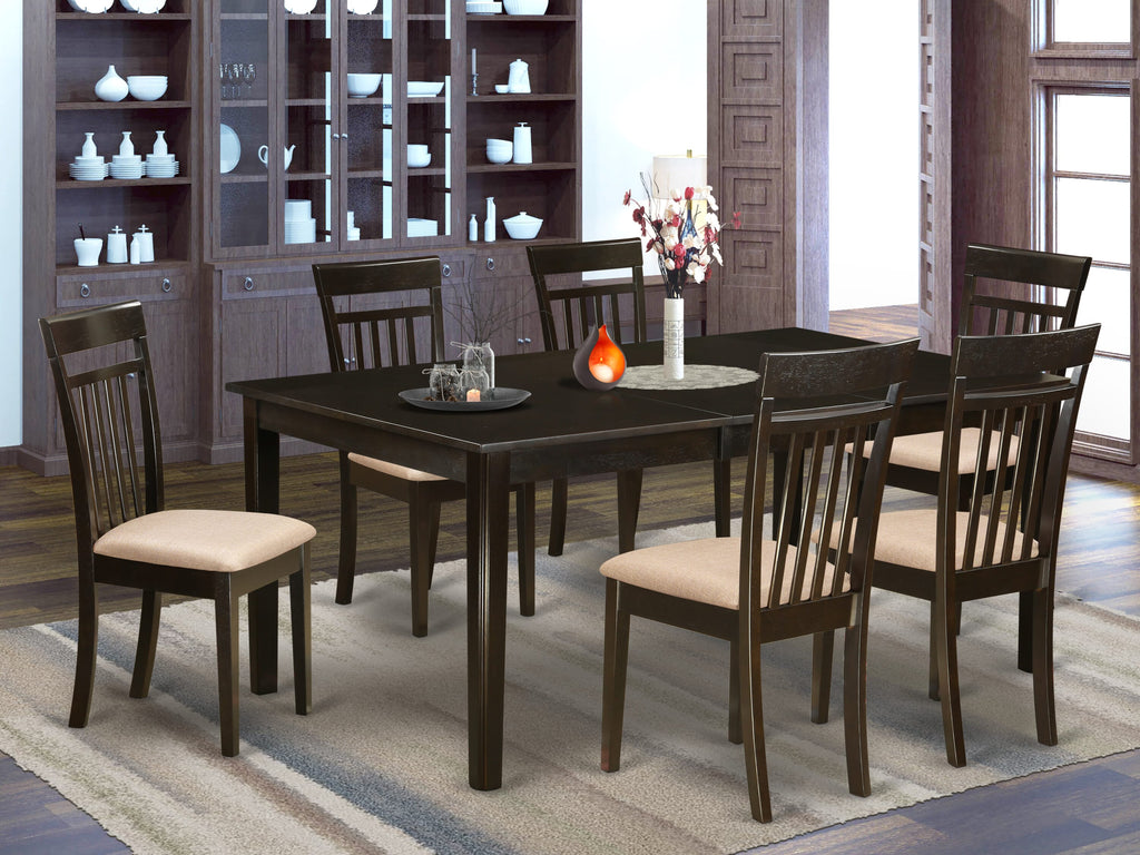 HECA7-Z8C-7 Stylish 7-Piece Dining Set with Rectangle Pedestal Table and 6 Elegant Linen Chairs, 42x72 in Cappuccino
