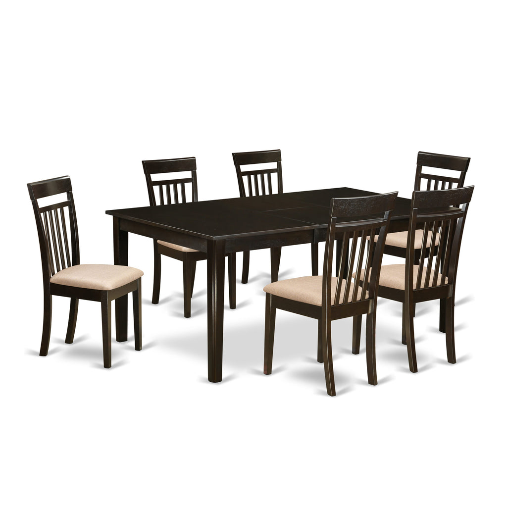 HECA7-Z8C-7 Stylish 7-Piece Dining Set with Rectangle Pedestal Table and 6 Elegant Linen Chairs, 42x72 in Cappuccino