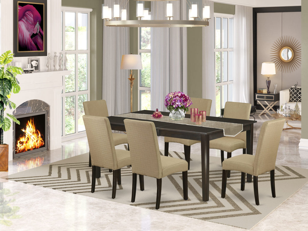 HEDR7-51J-MX 7-Piece Dining Ensemble Rectangular Dinner Table with Pedestal Base Plus Six Brown Linen Parsons Chairs, 42x72 Wood Finish