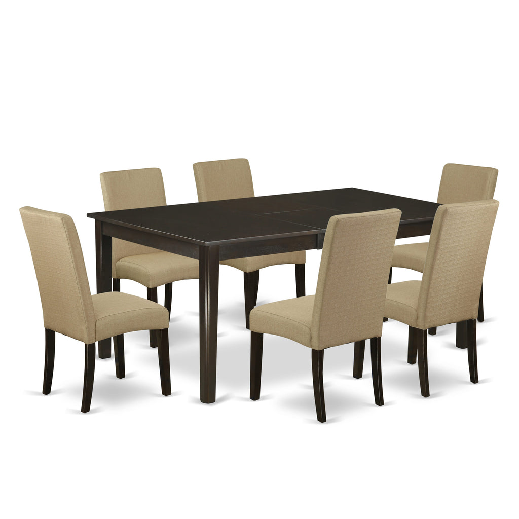 HEDR7-51J-MX 7-Piece Dining Ensemble Rectangular Dinner Table with Pedestal Base Plus Six Brown Linen Parsons Chairs, 42x72 Wood Finish