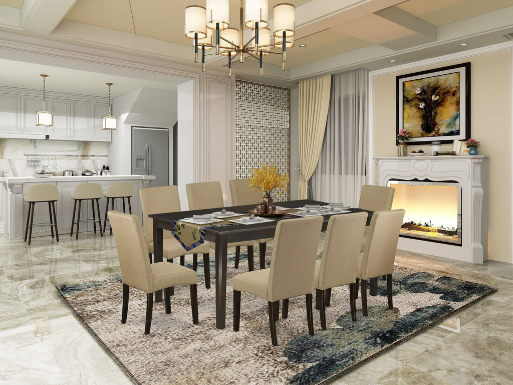HEDR9-U7R-7Z 9 Piece Dining Suite with Elegant Pedestal Table and Eight Brown Parson Chairs in Linen Fabric for your Dining Space, 42x72 Cappuccino