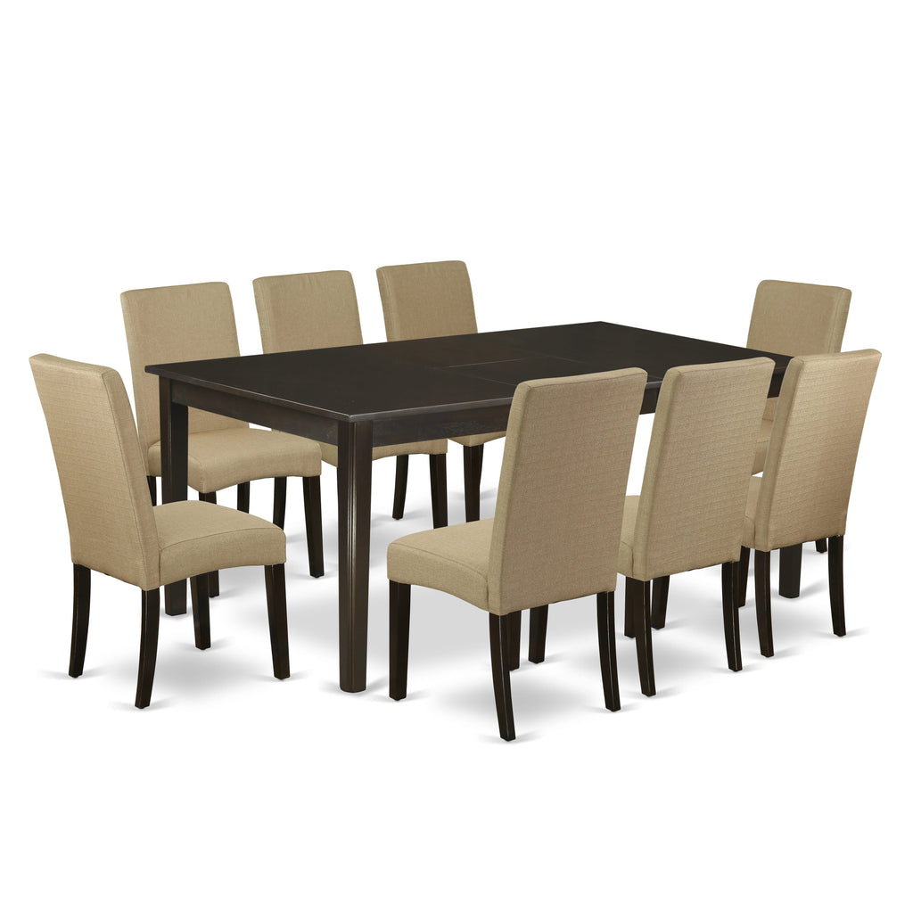 HEDR9-U7R-7Z 9 Piece Dining Suite with Elegant Pedestal Table and Eight Brown Parson Chairs in Linen Fabric for your Dining Space, 42x72 Cappuccino