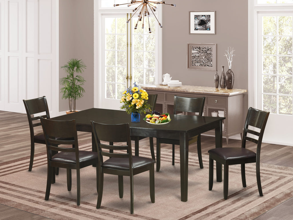 HELY7-C6K-6V 7-Piece Rectangle Table Set with Pedestal and 6 Faux Leather Chairs, 42x72 Inch, Cappuccino