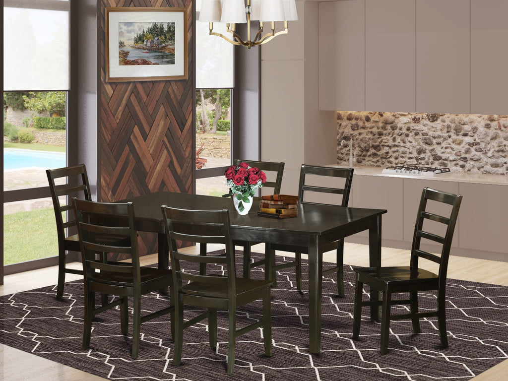 HEPF7-U04-U Elegant 7-Piece Rectangular Dining Set with Pedestal and 6 Chairs, Cappuccino Finish, 42x72 Inches