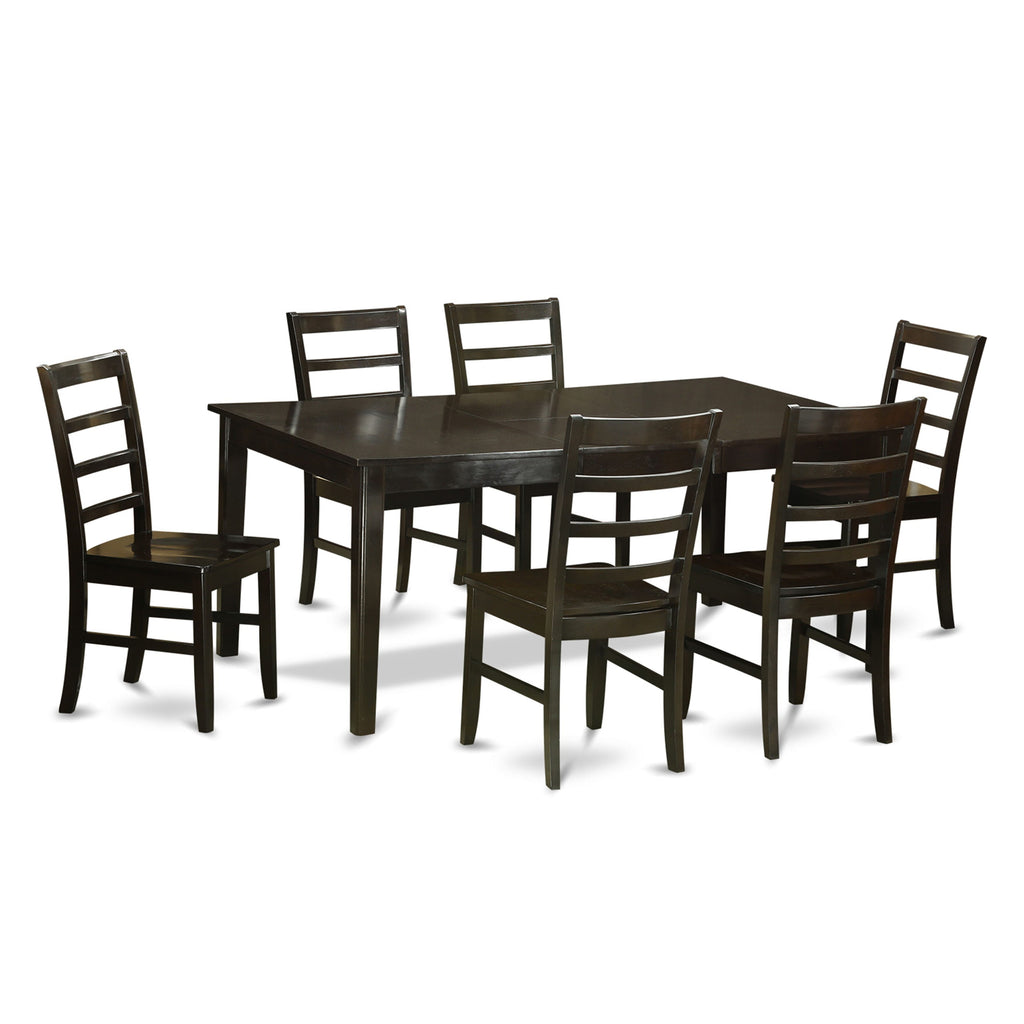 HEPF7-U04-U Elegant 7-Piece Rectangular Dining Set with Pedestal and 6 Chairs, Cappuccino Finish, 42x72 Inches