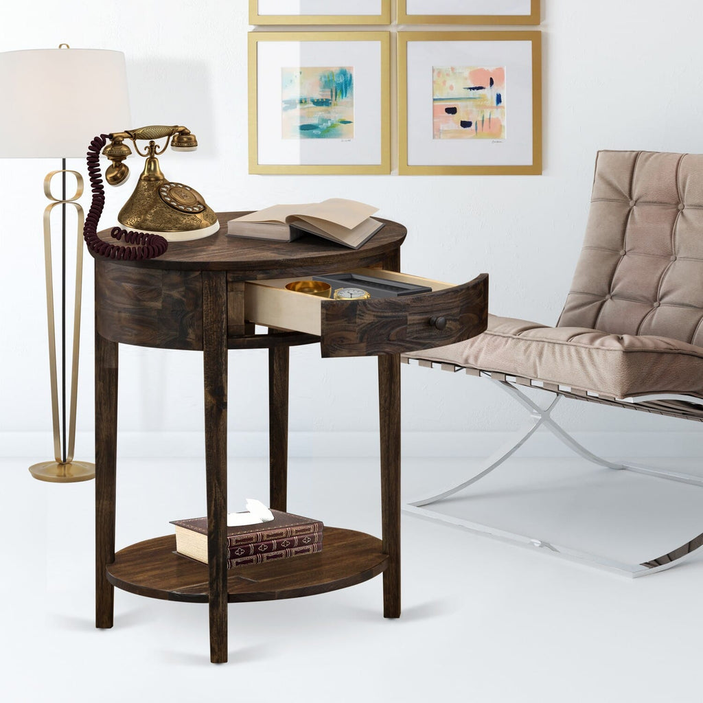 HI-07-HS Compact End Table with Wood Drawer, Sturdy Jacobean Accent in Distressed Finish