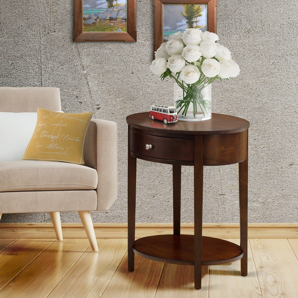 Discover HI-0M-KA Wood Side Table Featuring a Classic Drawer and Robust Build with Antique Mahogany Touch