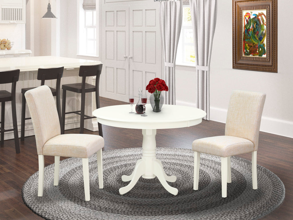 Dining Set HLAB3-9YL-30 3-Piece Round Table with Pedestal & 2 Beige Upholstered Parsons Chairs, 42