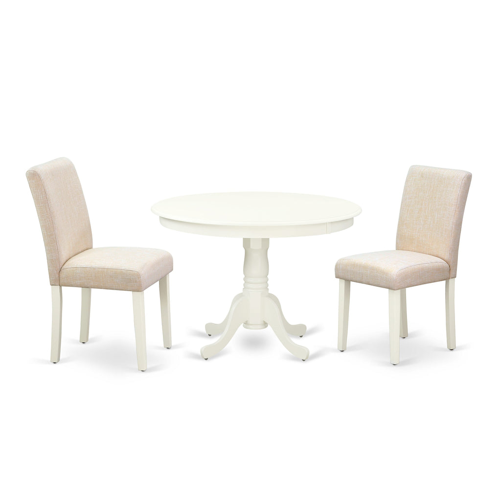 Dining Set HLAB3-9YL-30 3-Piece Round Table with Pedestal & 2 Beige Upholstered Parsons Chairs, 42