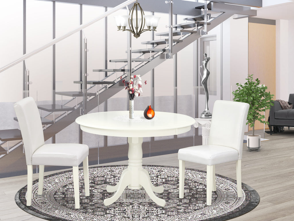 HLAB3-HP4-5F 3-Piece Dining Set - Round Pedestal Table & 2 Faux Leather Chairs, Linen White, 42