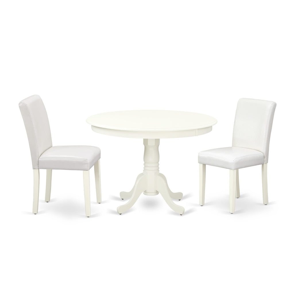 HLAB3-HP4-5F 3-Piece Dining Set - Round Pedestal Table & 2 Faux Leather Chairs, Linen White, 42
