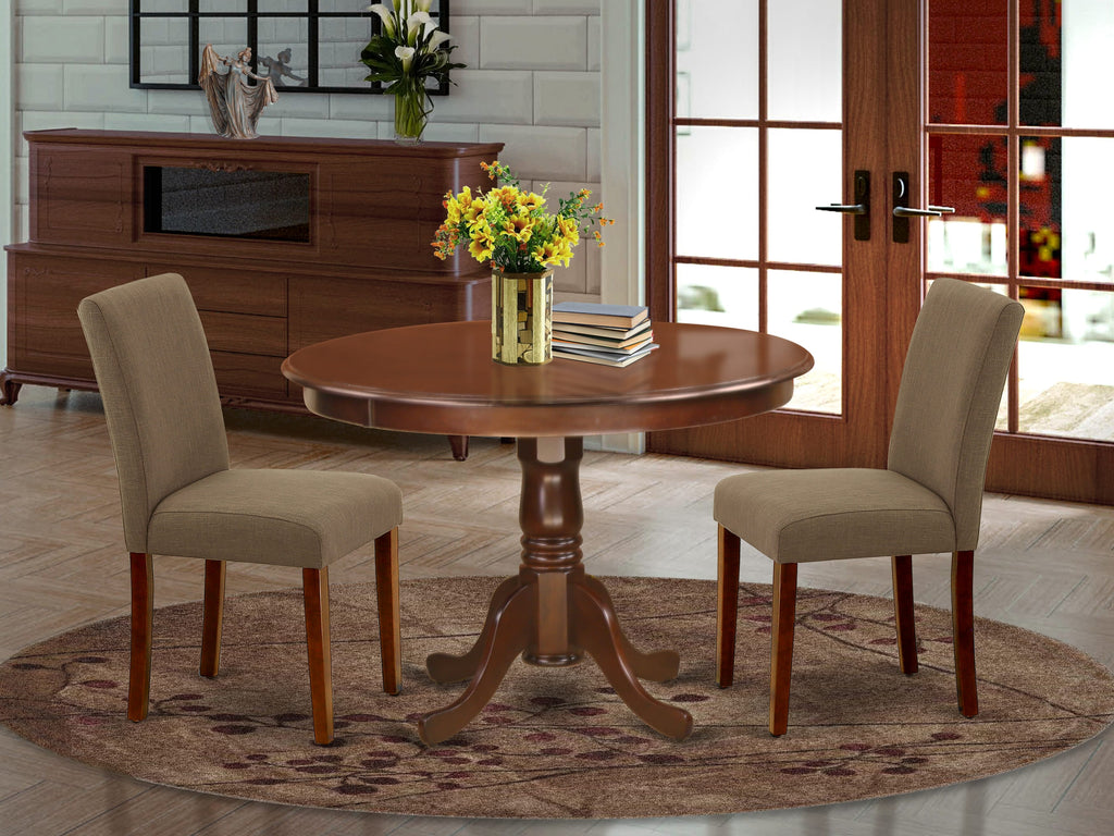 HLAB3-FUW-SG 3-Piece Dining Collection with Round Pedestal Stand and Two Parson Chairs in Coffee Linen Upholstery, 42 Inch Mahogany Finish