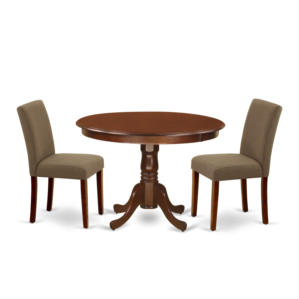 HLAB3-FUW-SG 3-Piece Dining Collection with Round Pedestal Stand and Two Parson Chairs in Coffee Linen Upholstery, 42 Inch Mahogany Finish