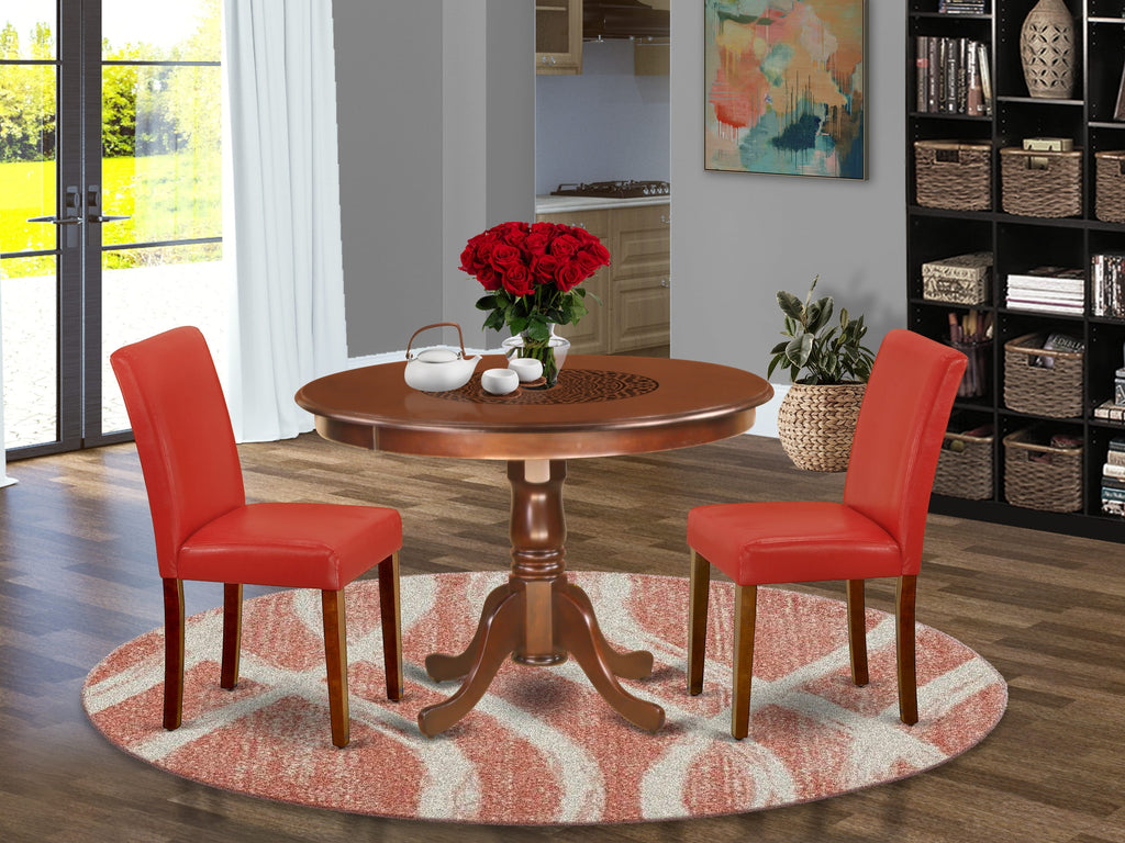 HLAB3-DWP-41 3-Piece Dining Group Circular Table & 2 Firebrick Parsons Seats, 42x42 Mahogany Finish
