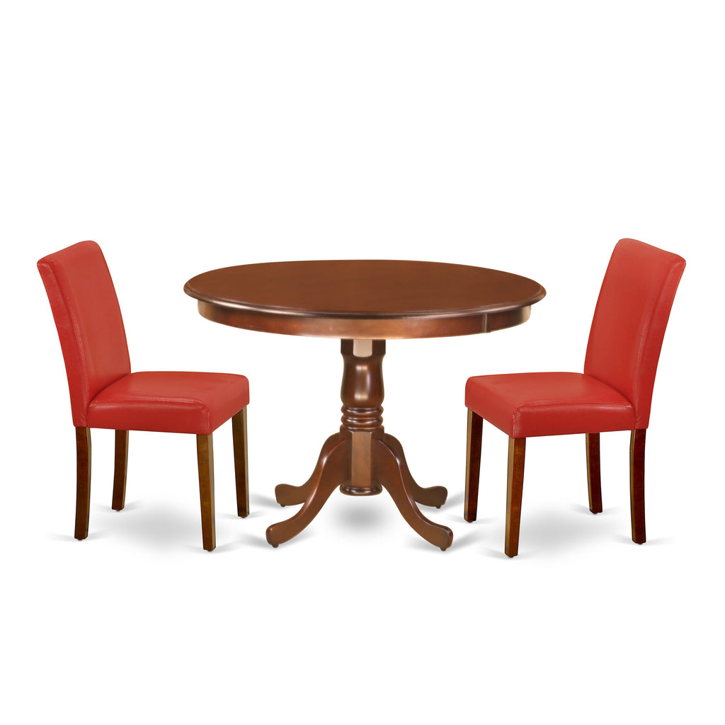 HLAB3-DWP-41 3-Piece Dining Group Circular Table & 2 Firebrick Parsons Seats, 42x42 Mahogany Finish