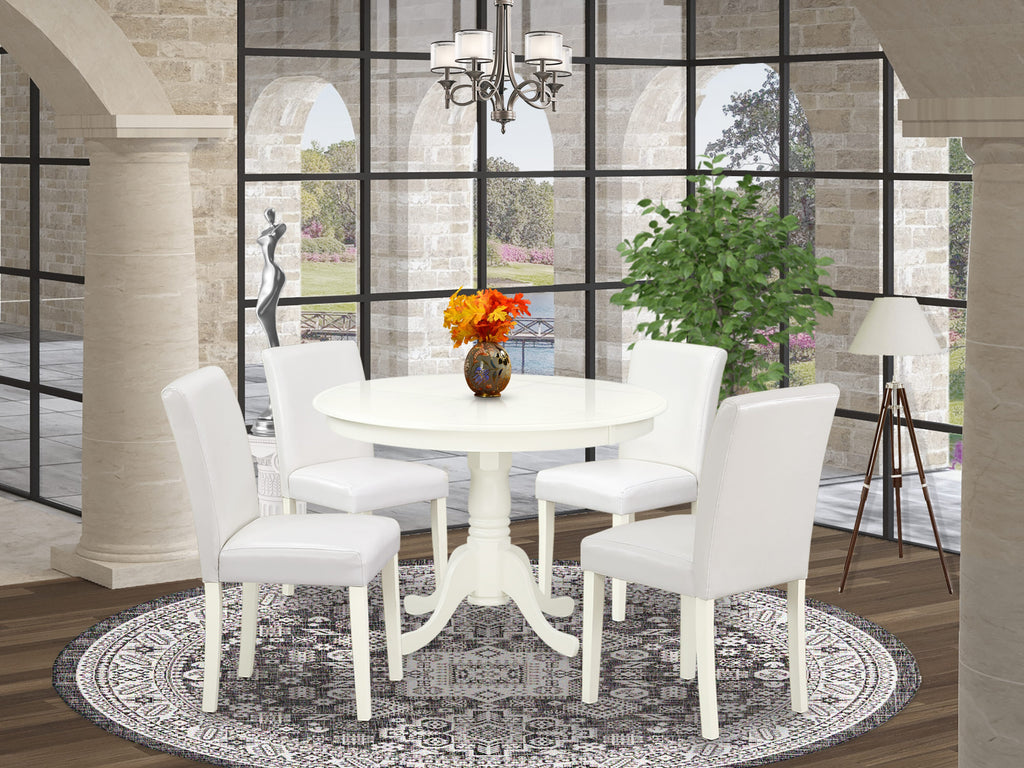 HLAB5-CHW-WT 5-Piece Set Round Dining Table with Pedestal & 4 Upholstered White Faux Leather Parson Chairs