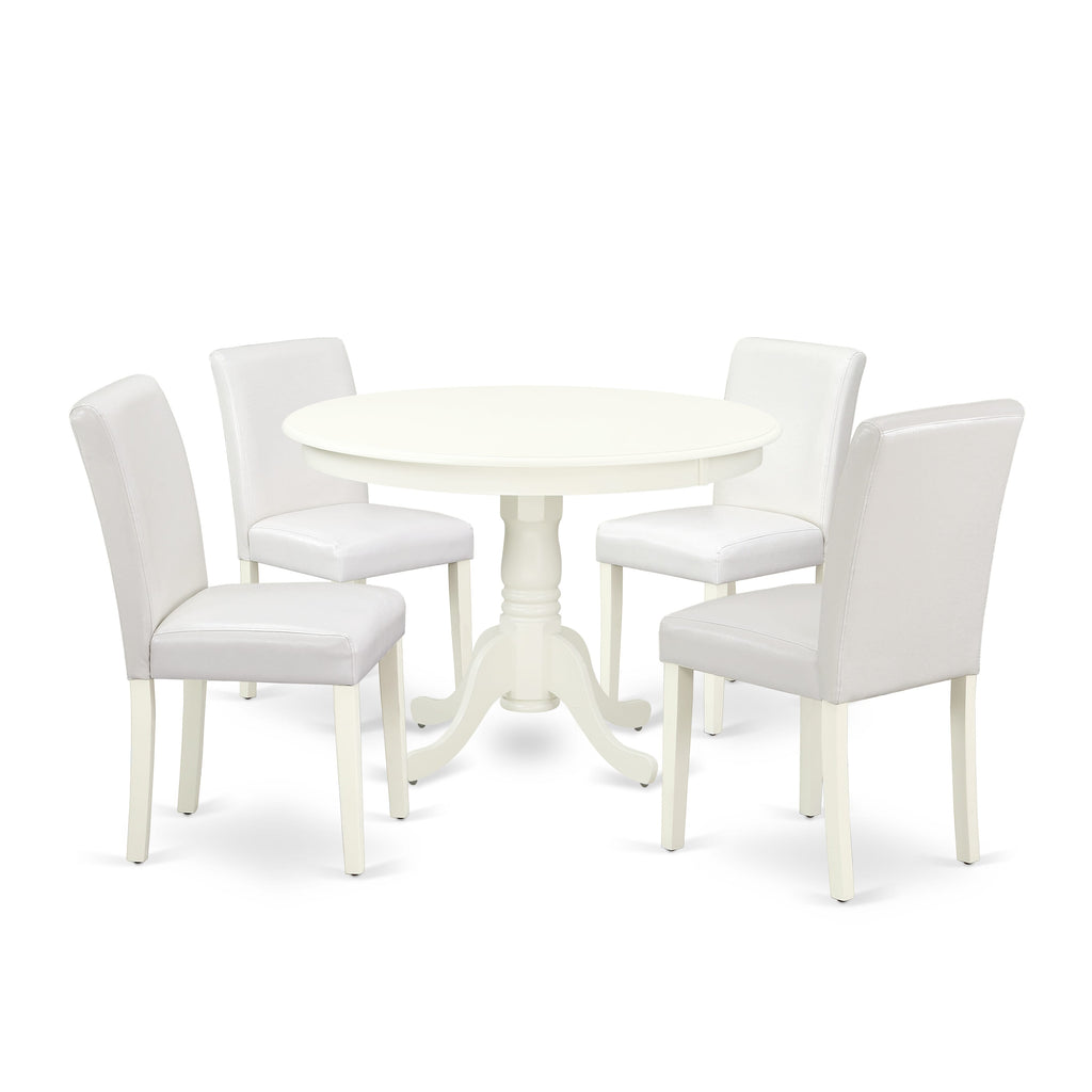 HLAB5-CHW-WT 5-Piece Set Round Dining Table with Pedestal & 4 Upholstered White Faux Leather Parson Chairs