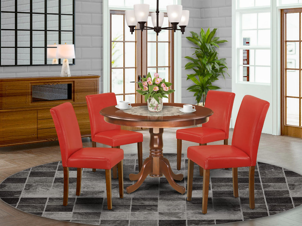HLAB5-K7X-LB 5-Piece Dining Set with Pedestal Round Table and 4 Red Faux Leather Chairs, Mahogany Finish