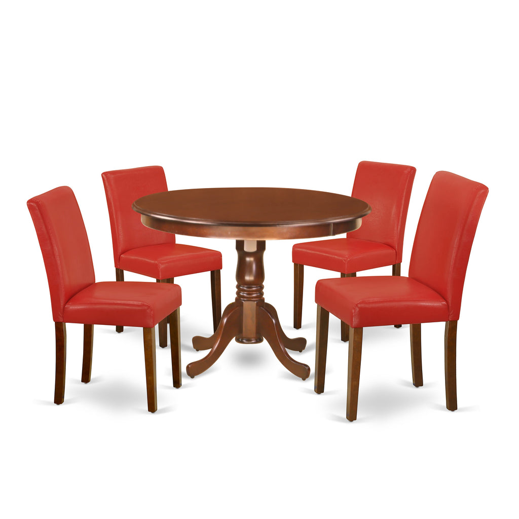 HLAB5-K7X-LB 5-Piece Dining Set with Pedestal Round Table and 4 Red Faux Leather Chairs, Mahogany Finish