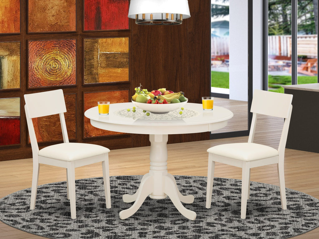 HLAD3-CSH-Q1 Cozy 3-Piece Set for Compact Dining Areas Round Pedestal Table & 2 Upholstered Seats in Warm Linen White