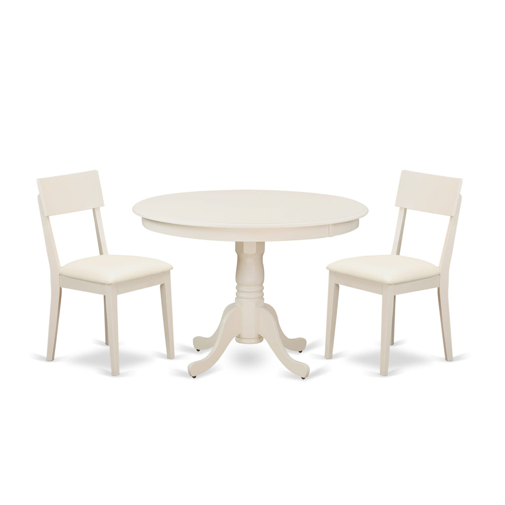 HLAD3-CSH-Q1 Cozy 3-Piece Set for Compact Dining Areas Round Pedestal Table & 2 Upholstered Seats in Warm Linen White