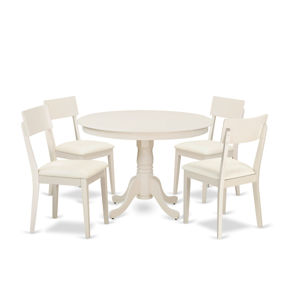 HLAD5-ZU White 5-Piece Dining Set with 4 Chairs & Round Table, Featuring Pedestal Base - Ideal for Families