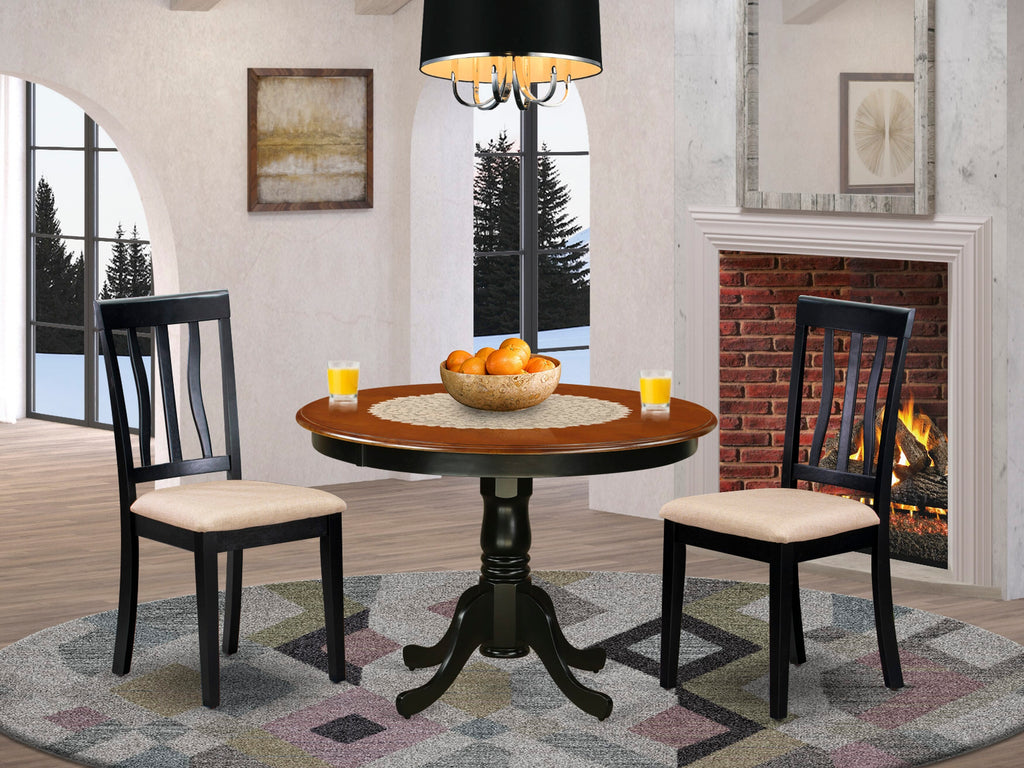 3-Piece HLAN3-FEK-W Dining Set with Round Table and Linen Chairs - Black & Cherry