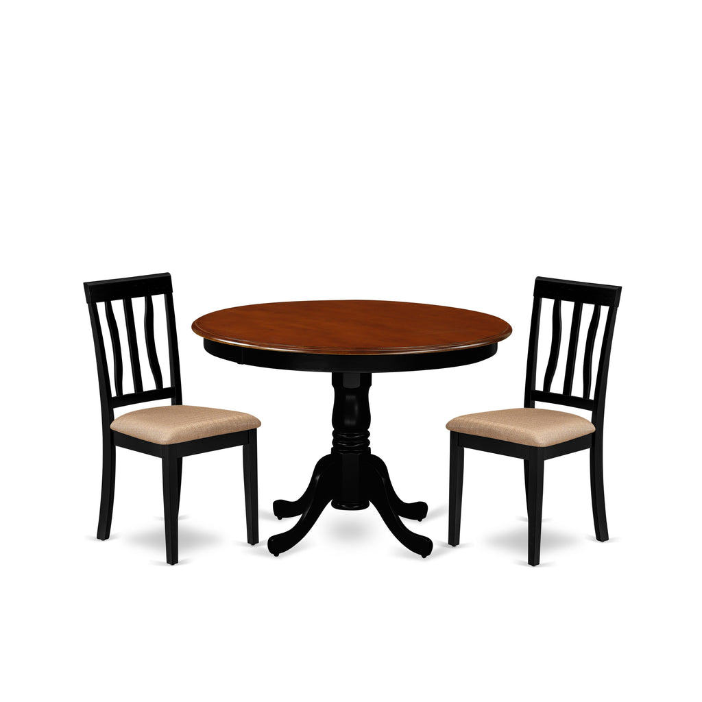 3-Piece HLAN3-FEK-W Dining Set with Round Table and Linen Chairs - Black & Cherry