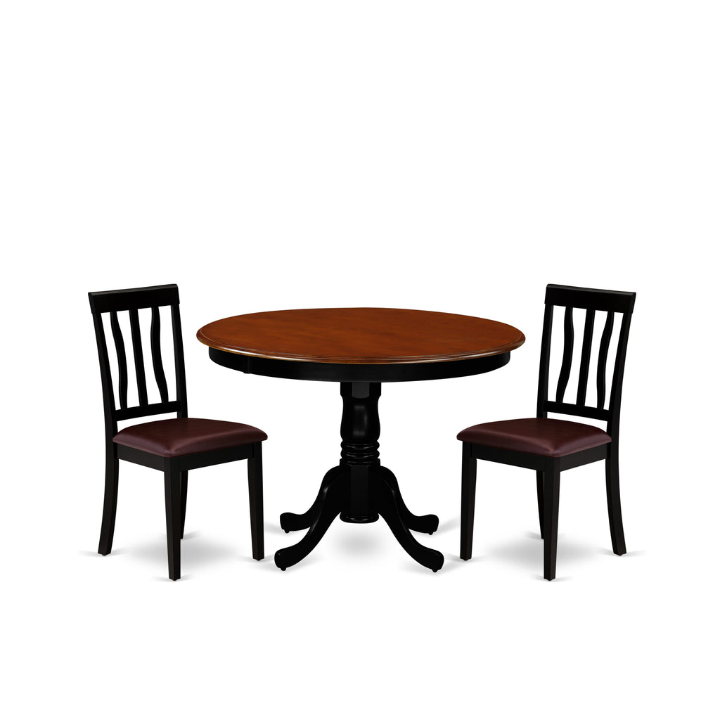 HLAN3-DVA-XN 3-Piece Dining Set with Round Pedestal Table & 2 Upholstered Chairs in Cherry-Black, 42