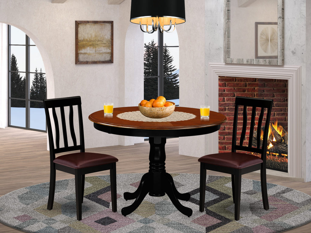 HLAN3-DVA-XN 3-Piece Dining Set with Round Pedestal Table & 2 Upholstered Chairs in Cherry-Black, 42