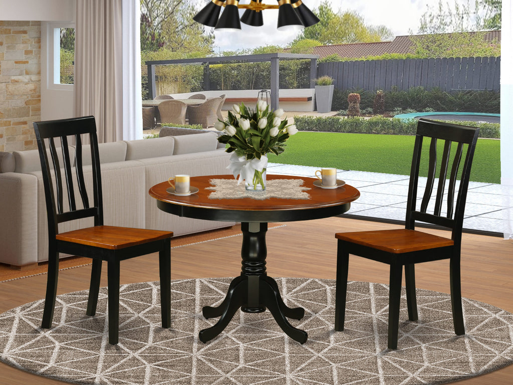 HLAN3-4PP-U Compact Dining Ensemble Round Pedestal Table & Two Chairs, Black & Cherry Finish, Elegant 3-PC Set