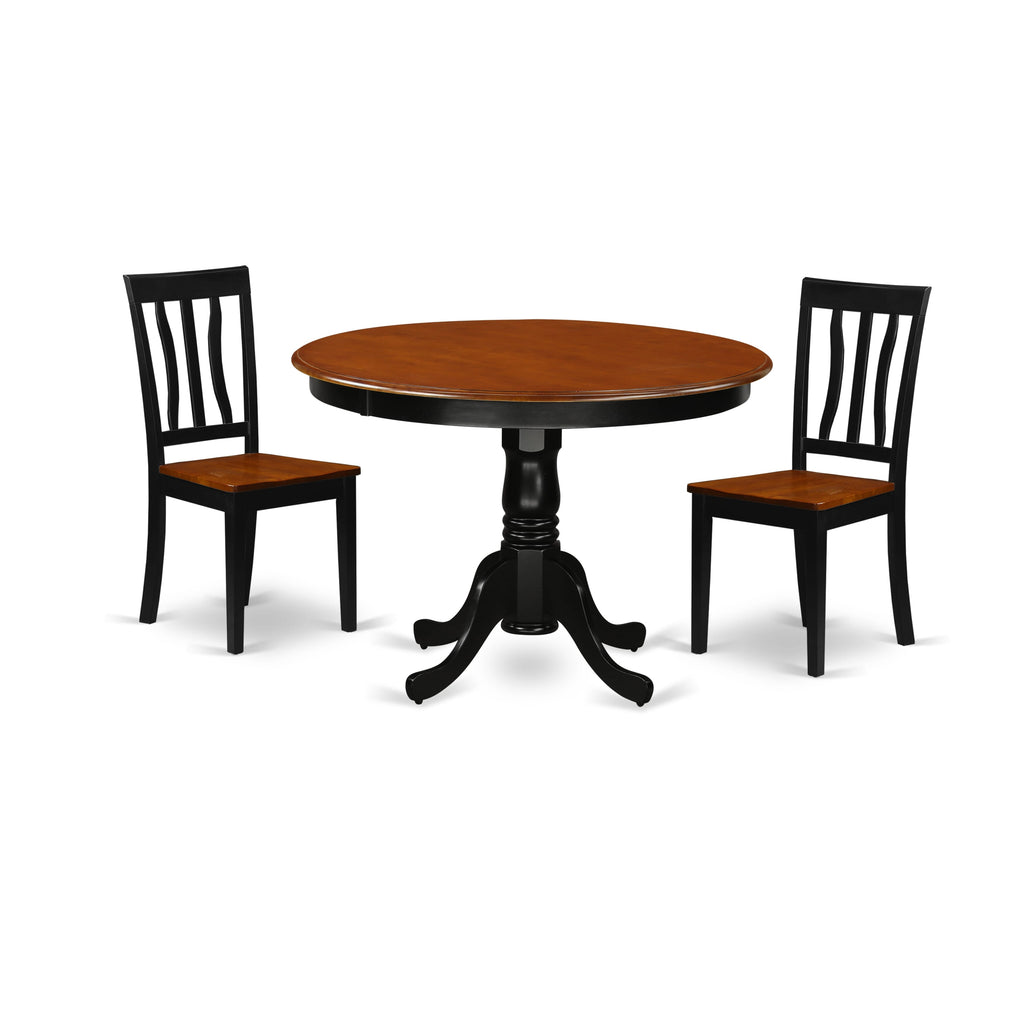 HLAN3-4PP-U Compact Dining Ensemble Round Pedestal Table & Two Chairs, Black & Cherry Finish, Elegant 3-PC Set