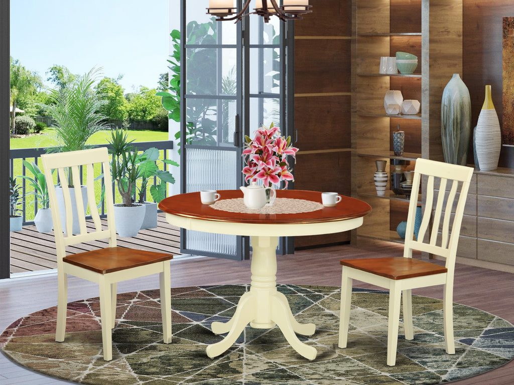HLAN3-GZ5-J Buttermilk Cherry 3 Piece Dining Set with Round Table and Pedestal - 42x42 Inch