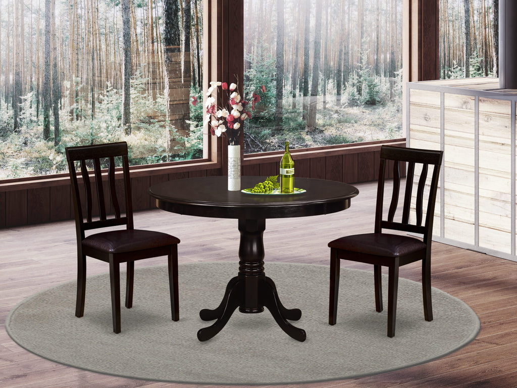 Charming HLAN3-GLU-8V Ensemble Round Table and Pair of Dining Chairs in Elegant Cappuccino Finish