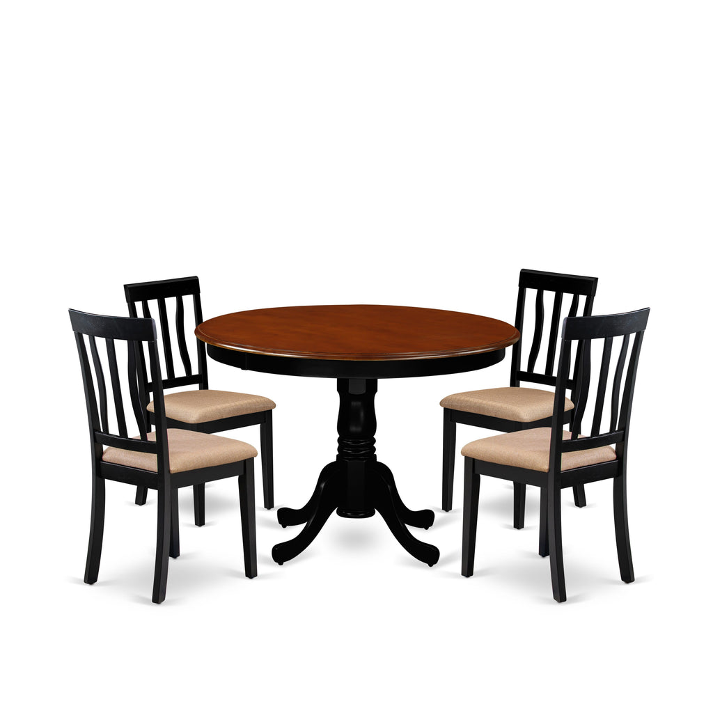 HLAN5-KJ1 Black-Cherry Pedestal Table & Upholstered Chair Dining Set, 5-Piece and Seats Four, 42 Circular