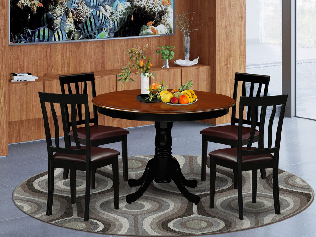 HLAN5-BC9-U7 5-Piece Round Dining Table Set with Cherry Pedestal & Faux Leather Chairs, 42x42