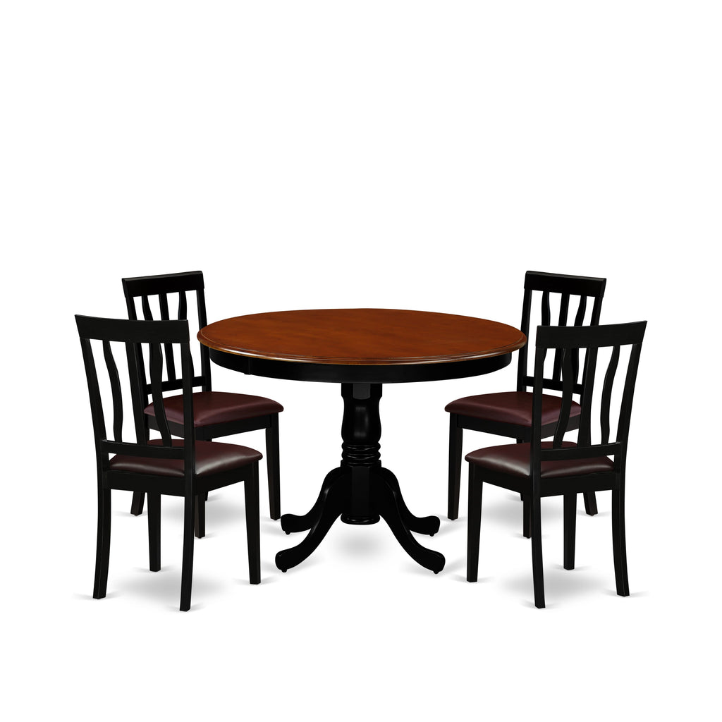 HLAN5-BC9-U7 5-Piece Round Dining Table Set with Cherry Pedestal & Faux Leather Chairs, 42x42