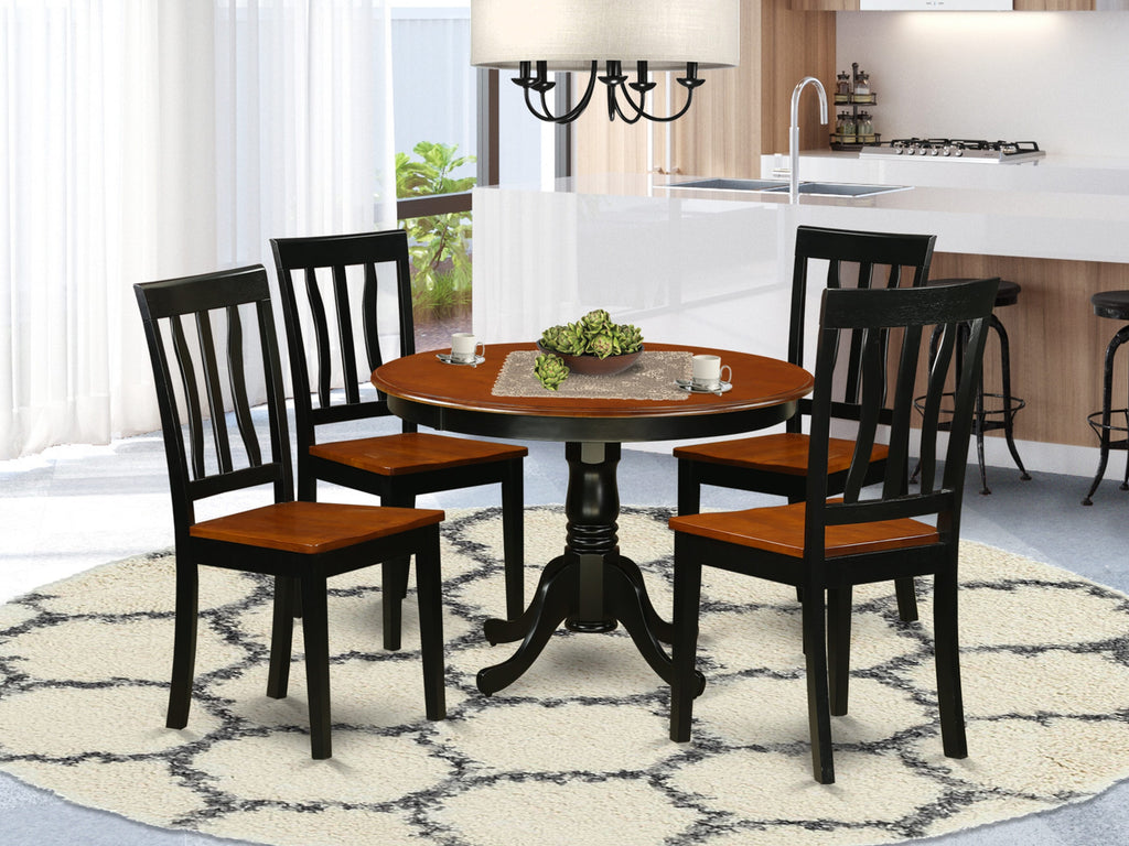 HLAN5-50O-T 5-Piece Round Table Set 42-Inch Pedestal Dining for 4 with Stylish Black & Cherry Finish Chairs