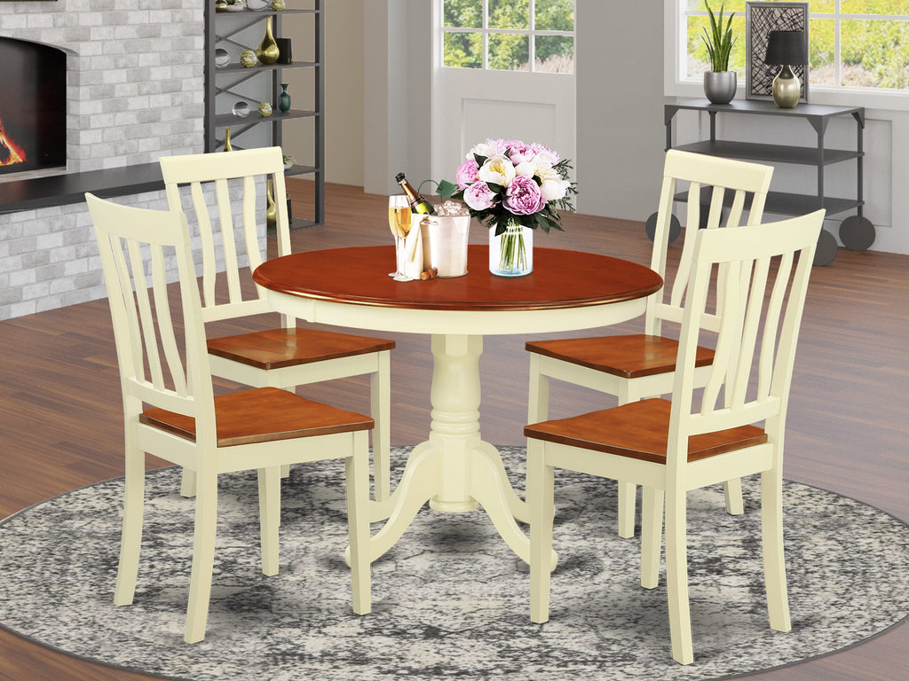 HLAN5-H4O-3 5-Piece Dining Collection with Round Pedestal Table and 4 Chairs, Buttermilk & Cherry Finish, 42x42