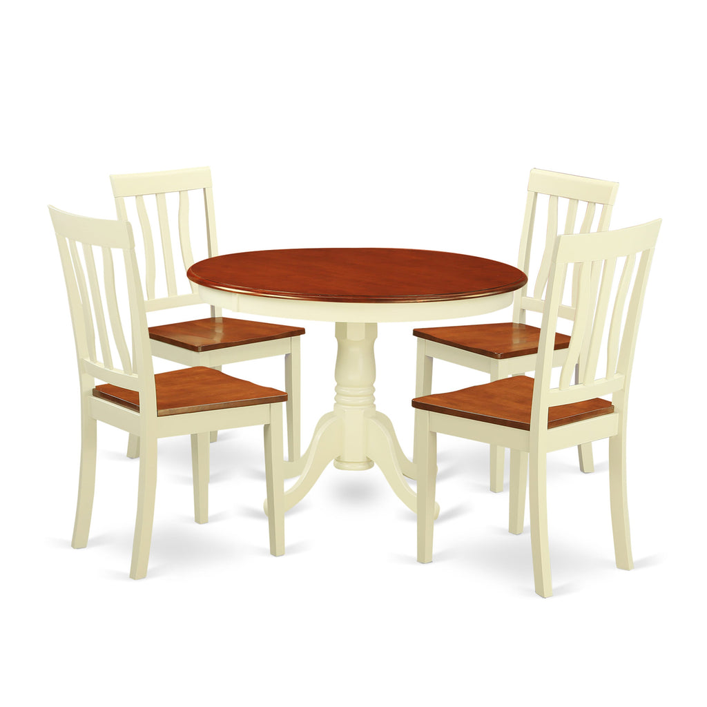 HLAN5-H4O-3 5-Piece Dining Collection with Round Pedestal Table and 4 Chairs, Buttermilk & Cherry Finish, 42x42